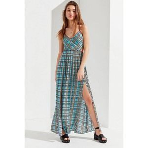 Urban Outfitters Womens Gia Lace Up Strappy Printed Maxi Dress Blue Maroon Small